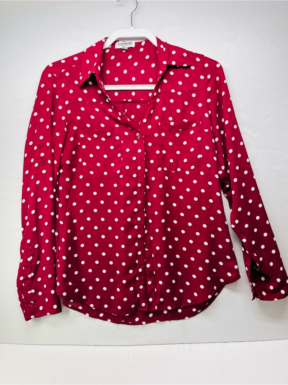 Express Women's Magenta Polka Dot Button-Down Blouse slim fit
